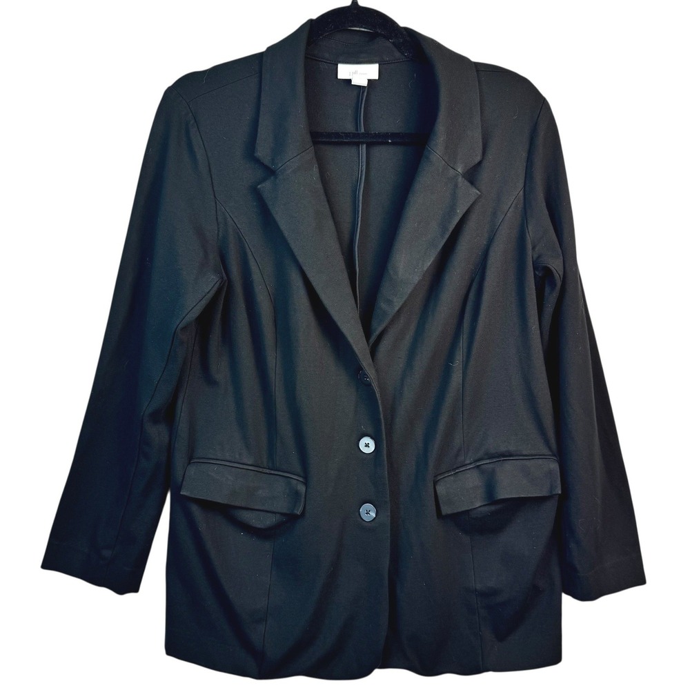 JJill Ponte Knit‎ Blazer Women's Medium Black Open Front Pockets Button Detail